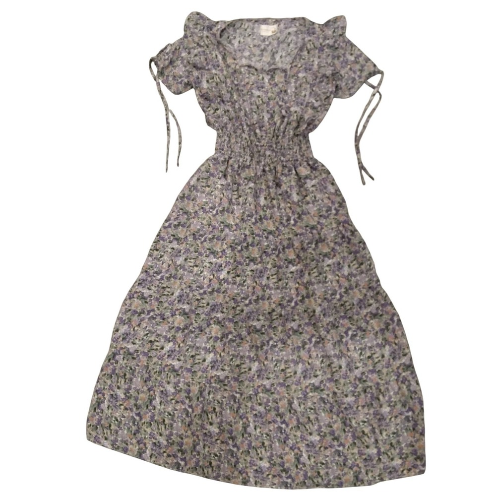 Kookai Floral Smocked Midi Dress Purple Bouquet Short Sleeve Cottagecore‎